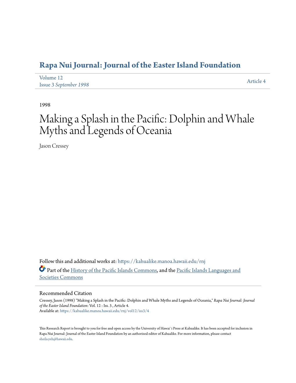 Dolphin and Whale Myths and Legends of Oceania," Rapa Nui Journal: Journal of the Easter Island Foundation: Vol