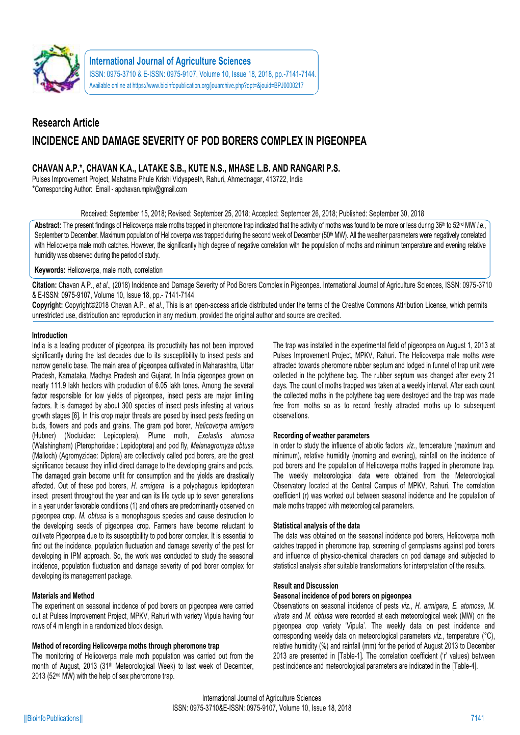 Research Article INCIDENCE and DAMAGE SEVERITY of POD BORERS COMPLEX in PIGEONPEA