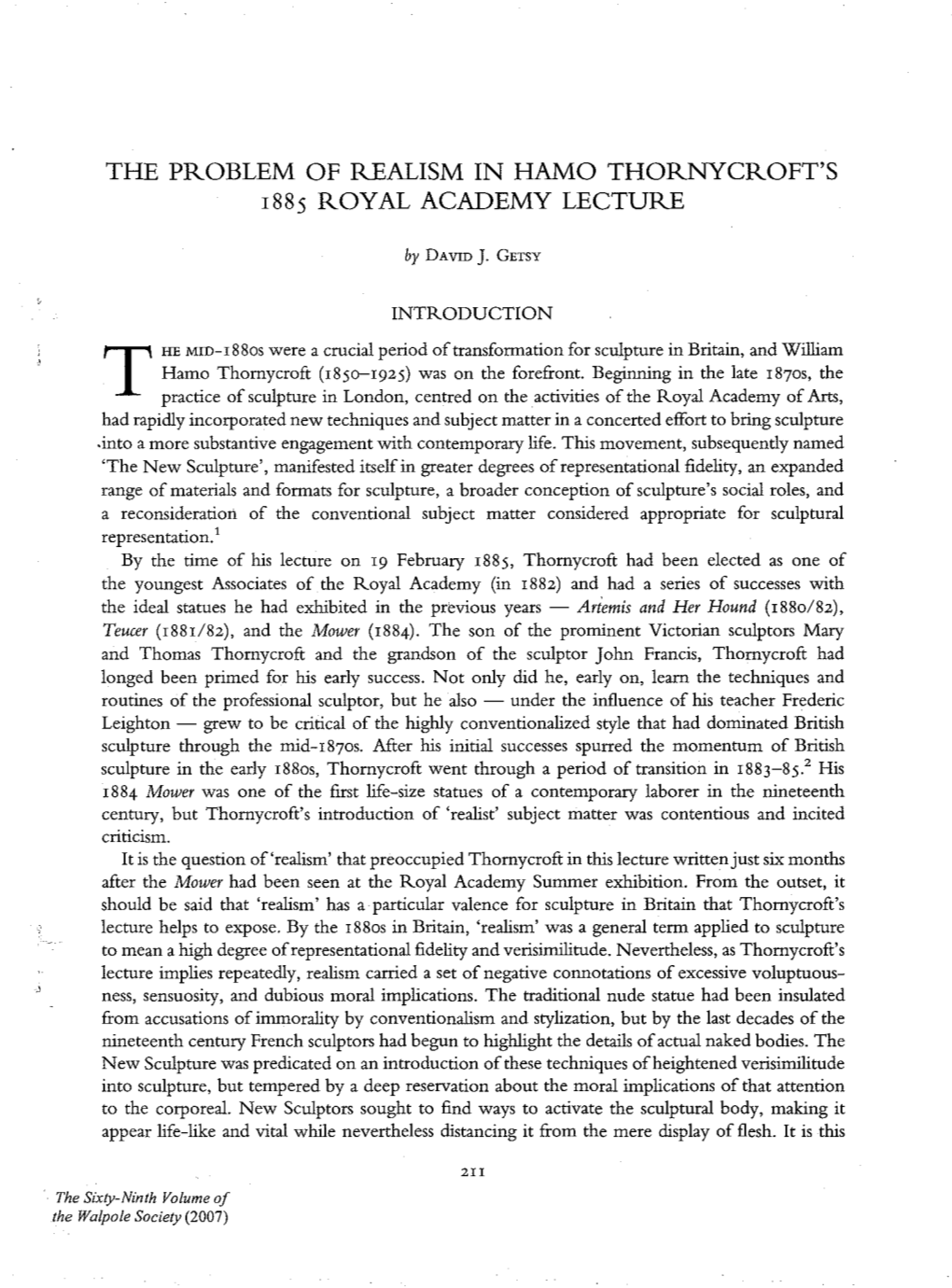 The Problem of Realism in Hamo Thornycroft's 1885 Royal Academy Lecture