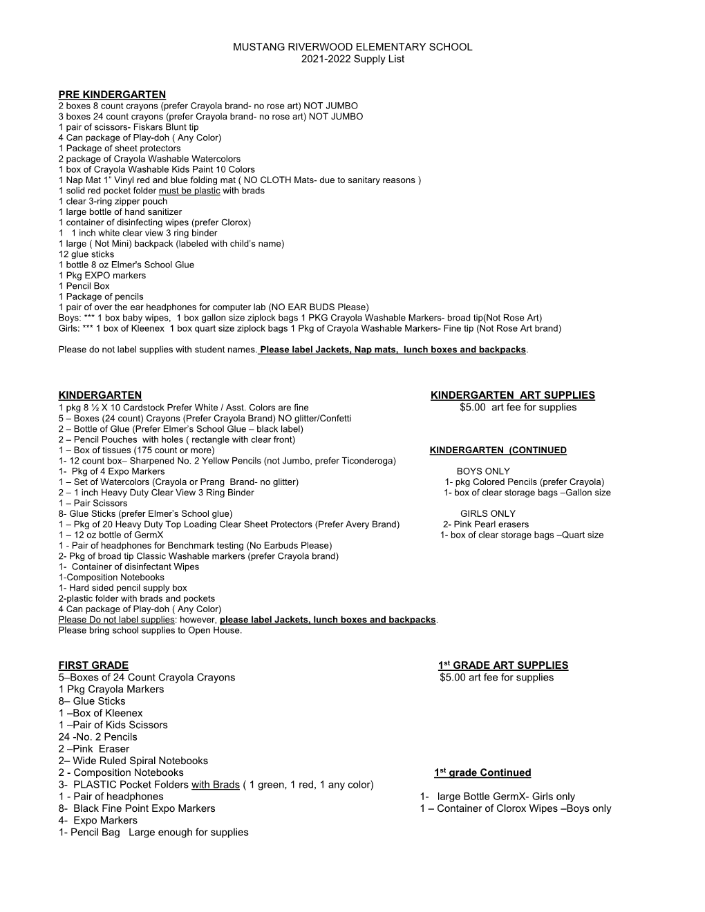 RIVERWOOD ELEMENTARY SCHOOL 2021-2022 Supply List