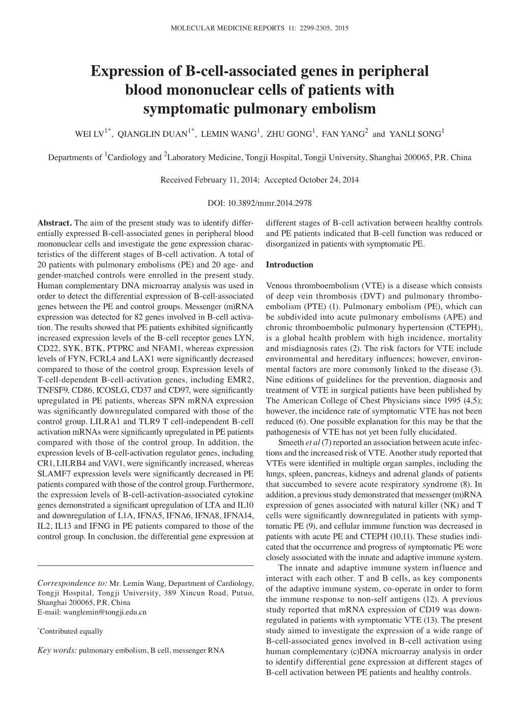 Expression of B-Cell-Associated Genes in Peripheral Blood Mononuclear Cells of Patients with Symptomatic Pulmonary Embolism