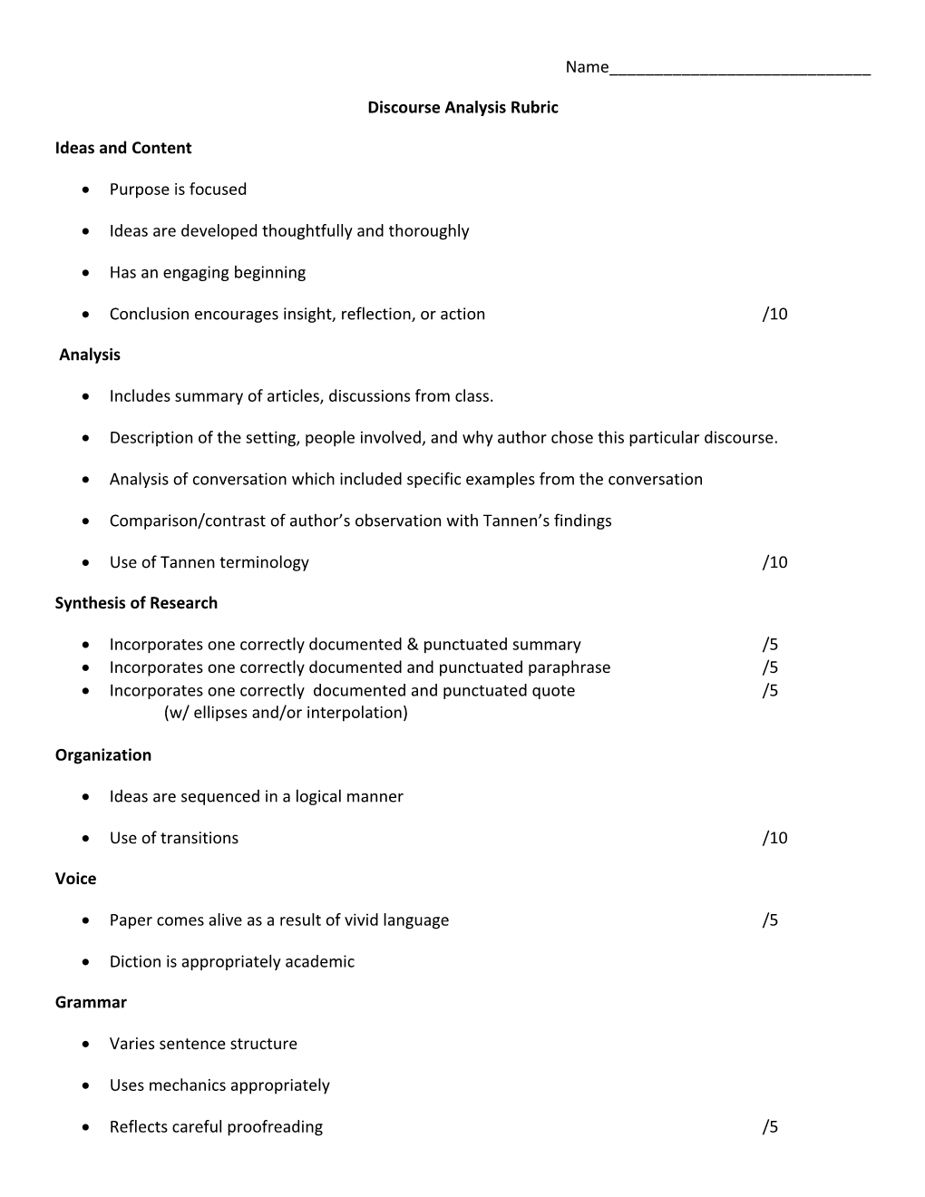 Discourse Analysis Rubric