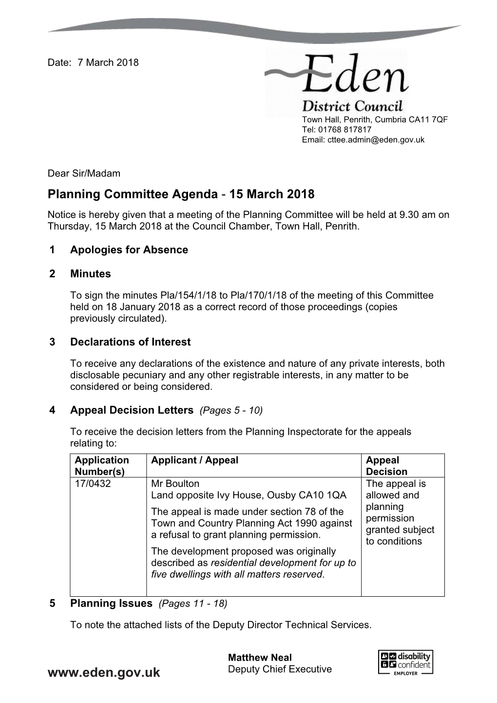 (Public Pack)Agenda Document for Planning Committee, 15/03/2018