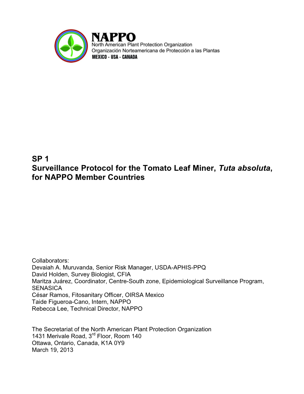 SP 1 Surveillance Protocol for the Tomato Leaf Miner, Tuta Absoluta, for NAPPO Member Countries