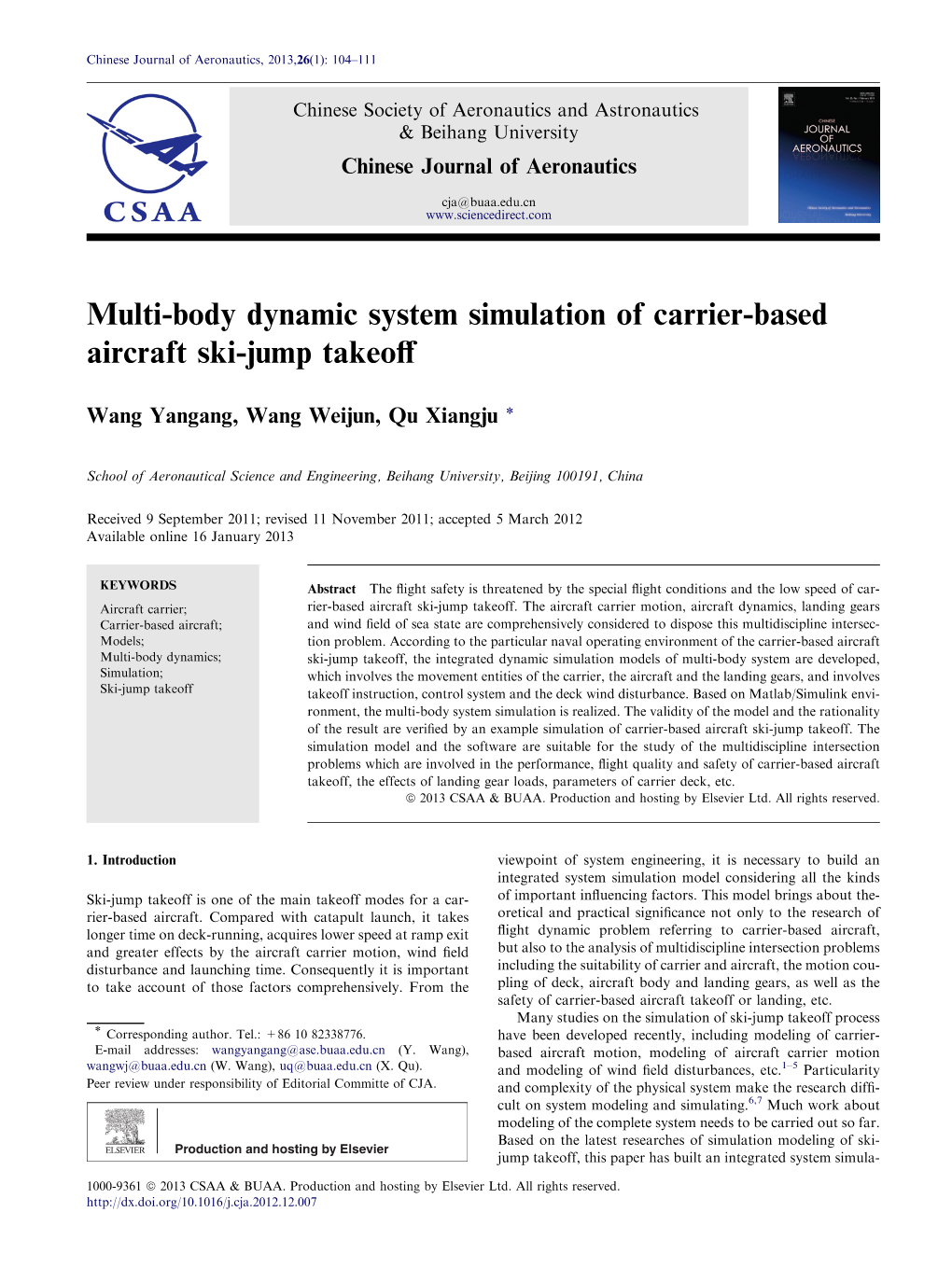Multi-Body Dynamic System Simulation of Carrier-Based Aircraft Ski-Jump Takeoﬀ