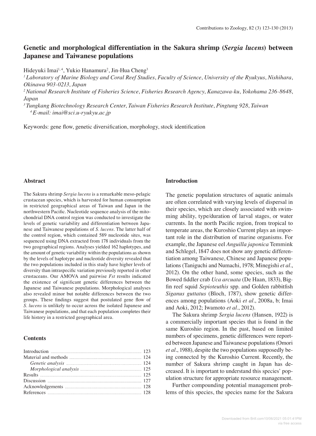 Sergia Lucens) Between Japanese and Taiwanese Populations