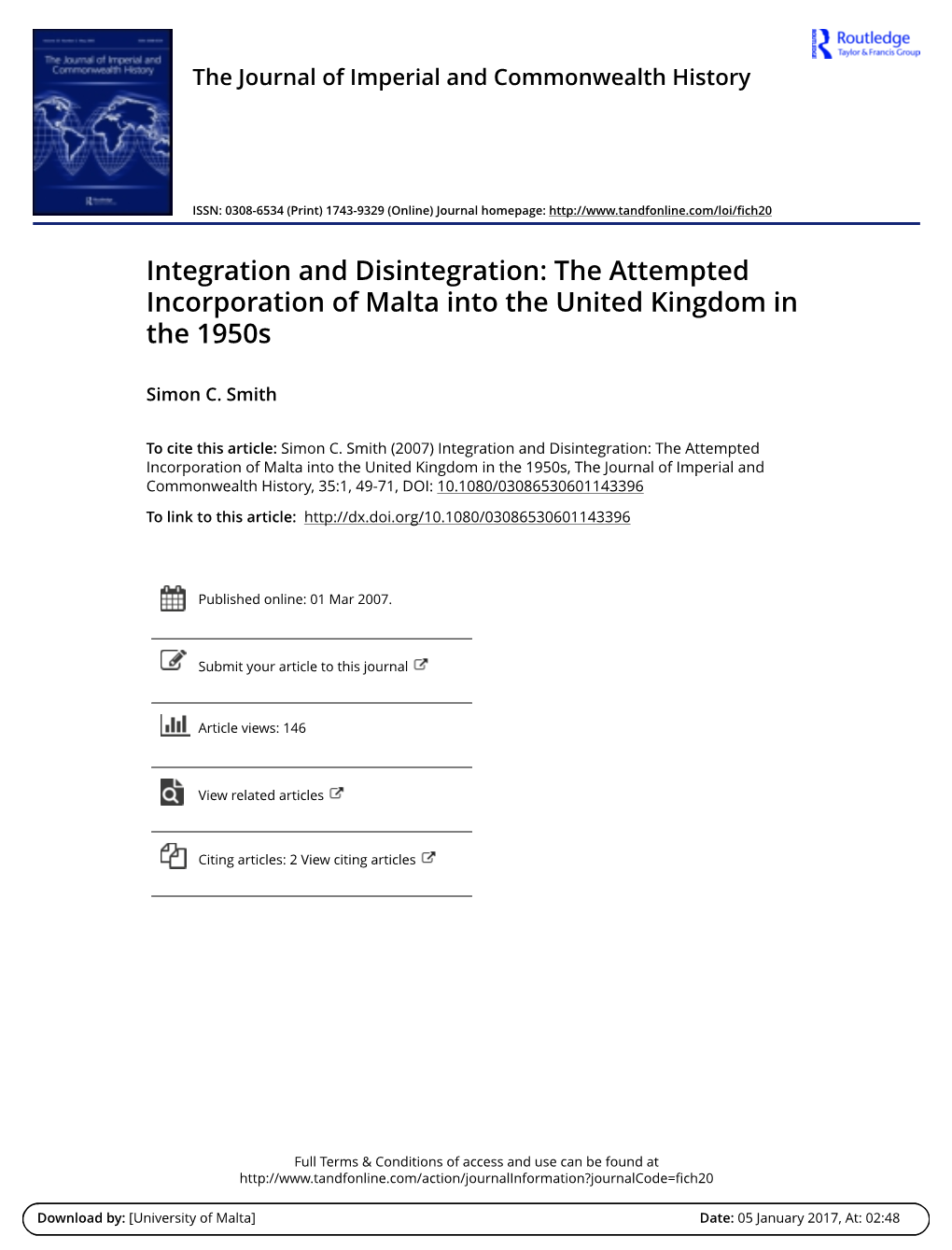 Integration and Disintegration: the Attempted Incorporation of Malta Into the United Kingdom in the 1950S