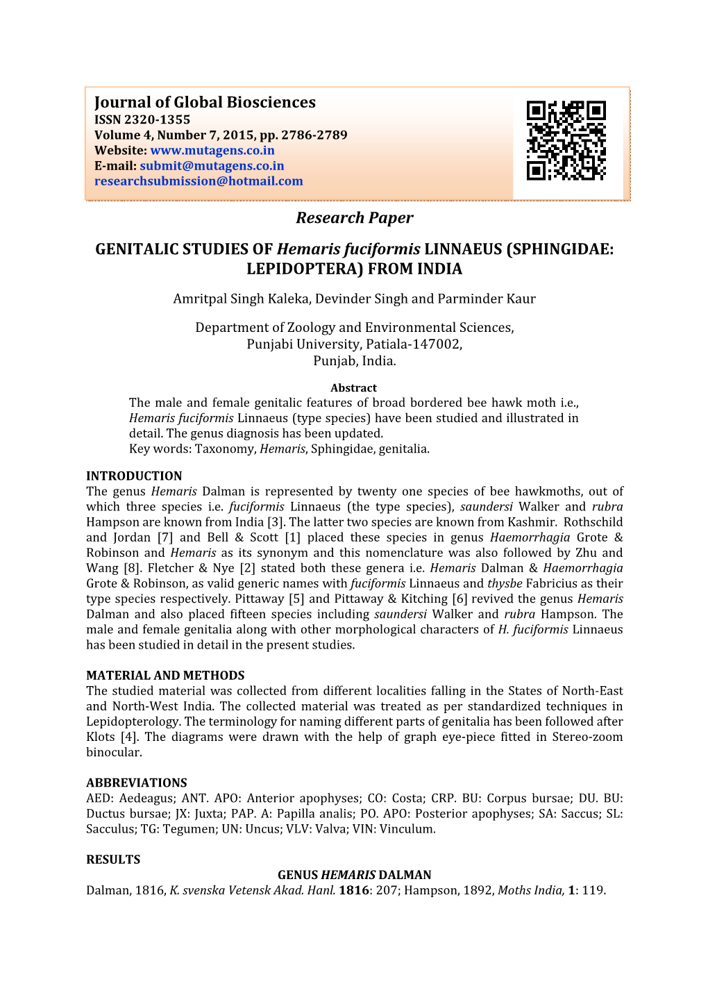 Research Paper GENITALIC STUDIES of Hemaris Fuciformis LINNAEUS (SPHINGIDAE: LEPIDOPTERA) from INDIA Journal of Global Bioscie