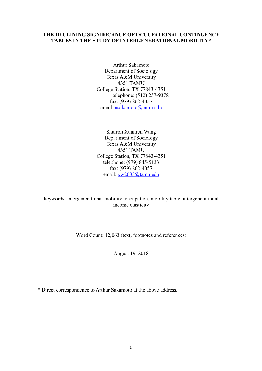 The Declining Significance of Occupational Contingency Tables in the Study of Intergenerational Mobility*