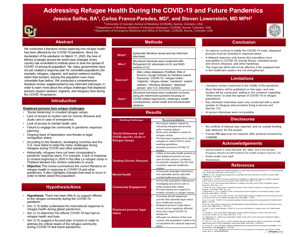 Addressing Refugee Health During the COVID-19 and Future Pandemics