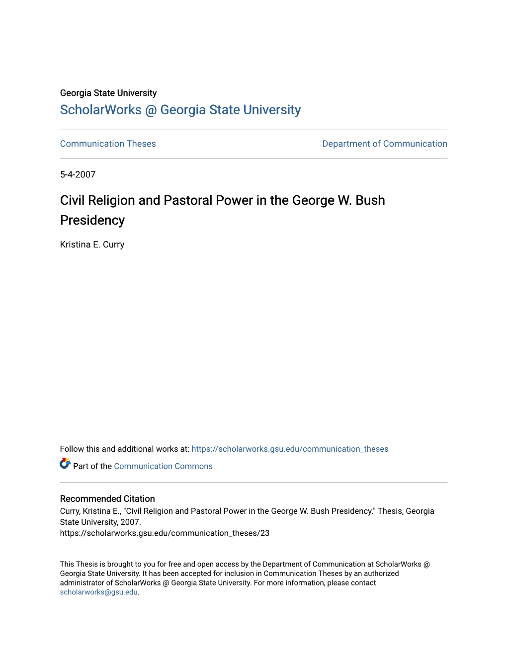 Civil Religion and Pastoral Power in the George W. Bush Presidency