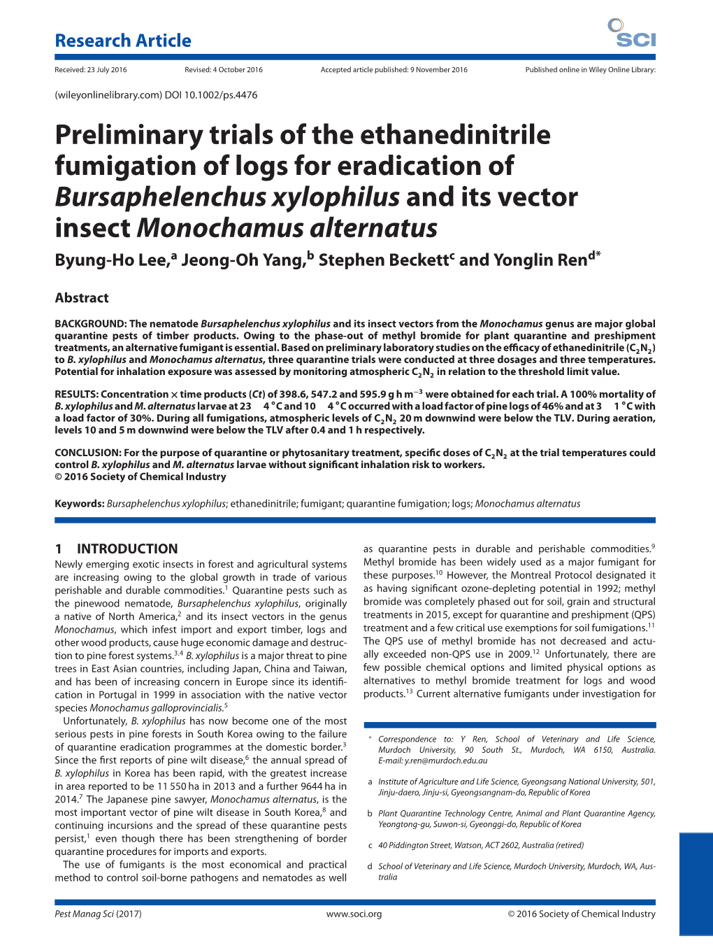 Preliminary Quarantine Trials of Ethanedinitrile (C2N2) Fumigation Of