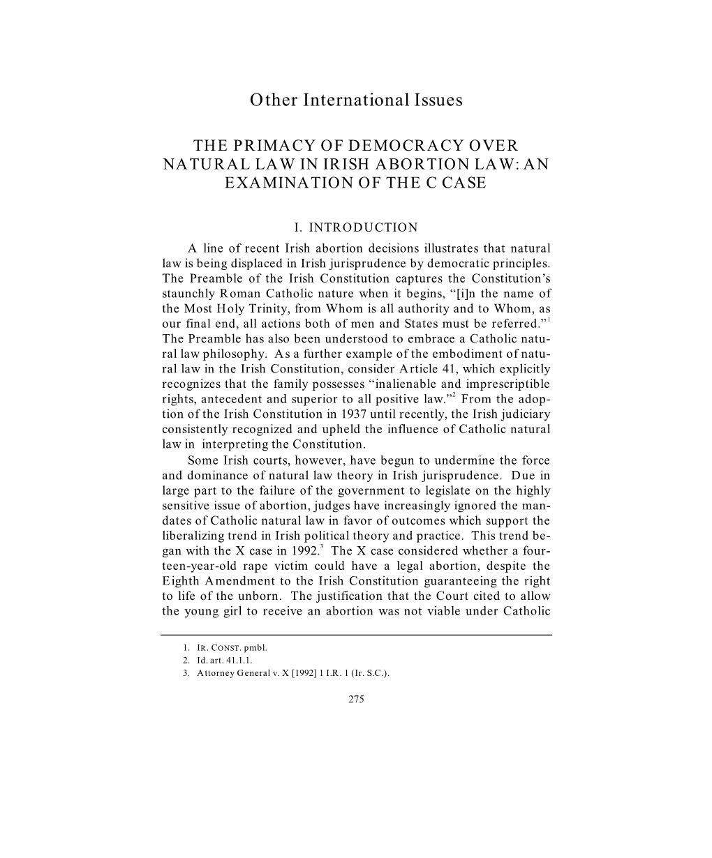 The Primacy of Democracy Over Natural Law in Irish Abortion Law: an Examination of the C Case