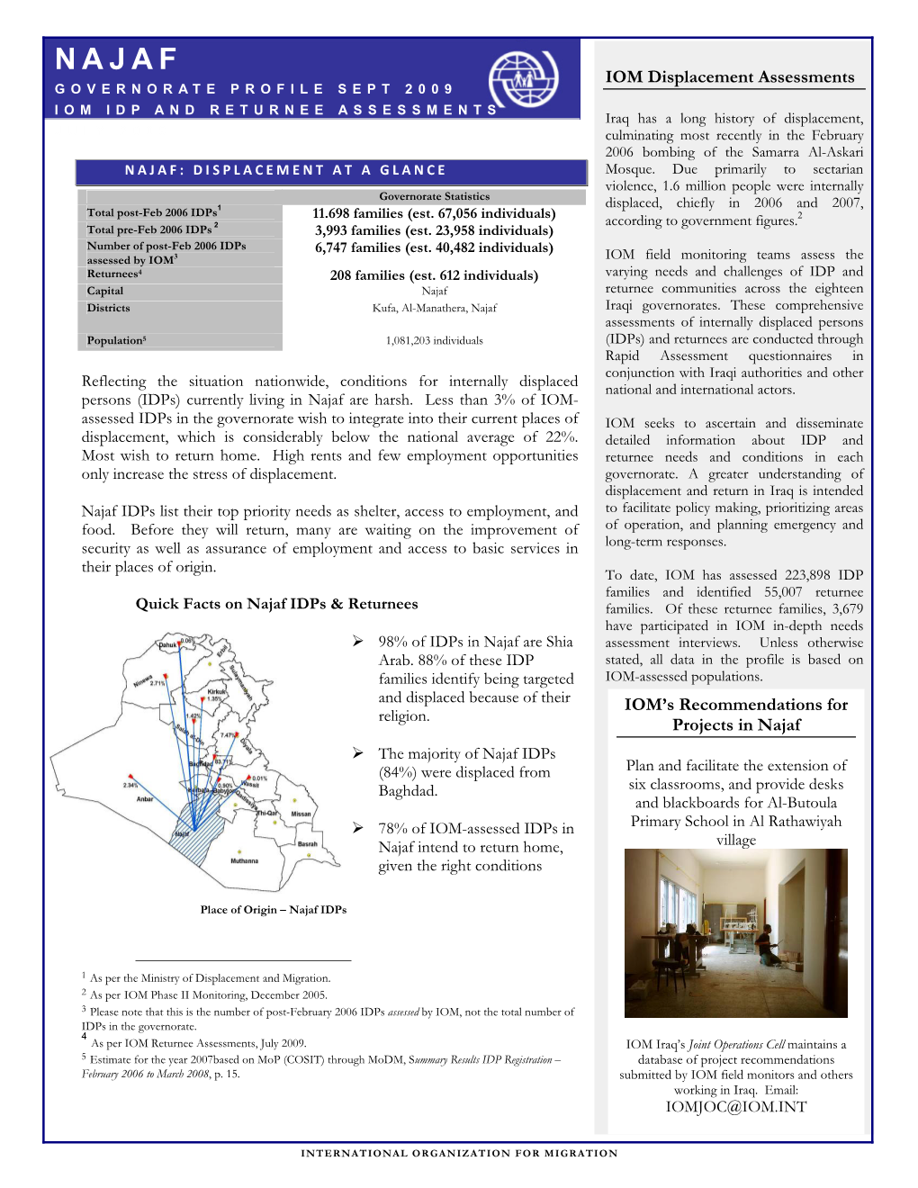 NAJAF IOM Displacement Assessments GOVERNORATE PROFILE SEPT 2009