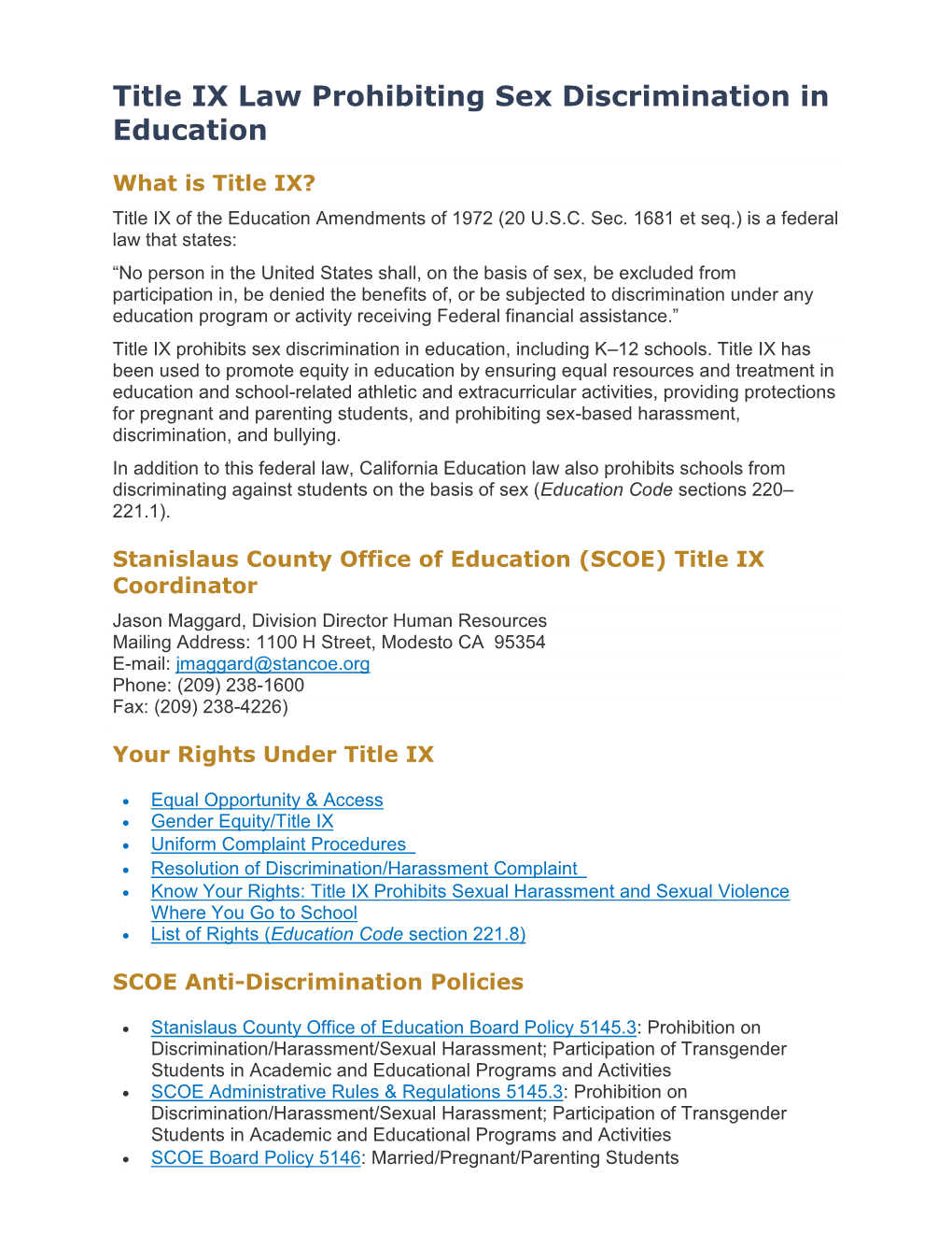 Title IX Prohibiting Sex Discrimination in Education