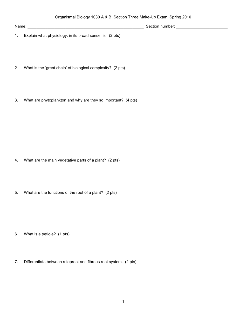 Organismal Biology Section Three Exam