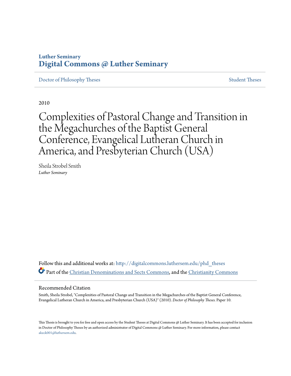 Complexities of Pastoral Change and Transition in the Megachurches Of