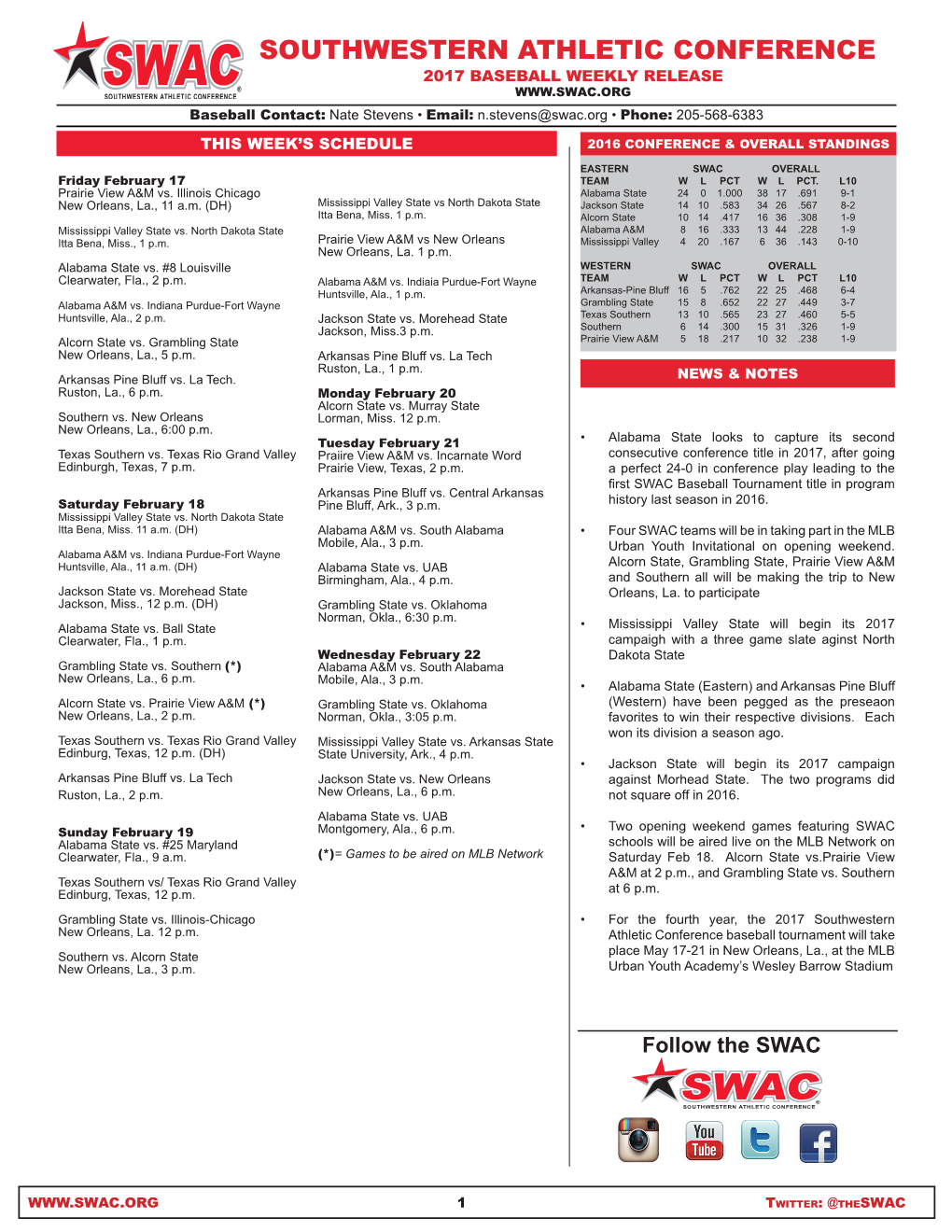 SOUTHWESTERN ATHLETIC CONFERENCE 2017 BASEBALL WEEKLY RELEASE Baseball Contact: Nate Stevens • Email: N.Stevens@Swac.Org • Phone: 205-568-6383