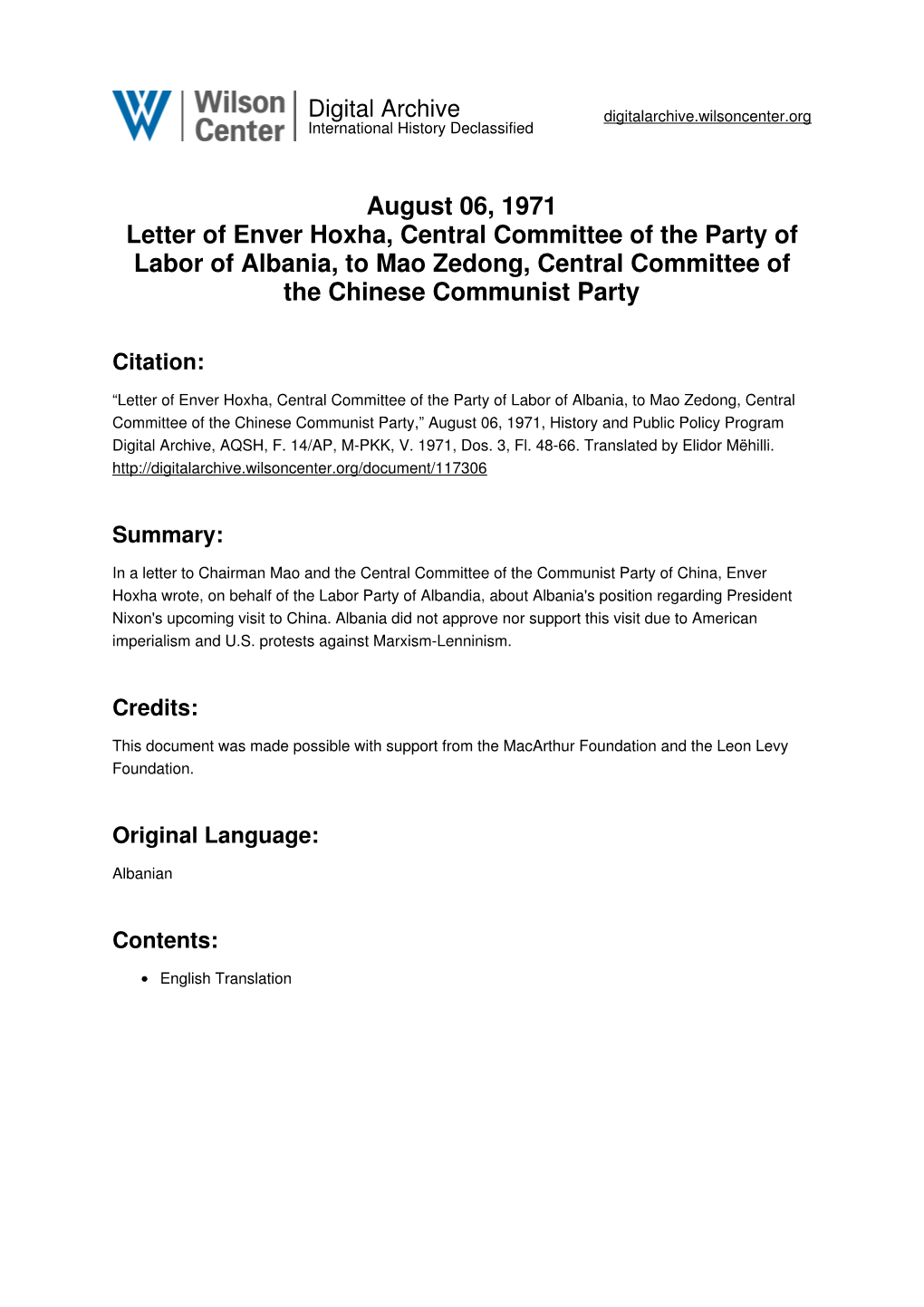 August 06, 1971 Letter of Enver Hoxha, Central Committee of the Party of Labor of Albania, to Mao Zedong, Central Committee of the Chinese Communist Party