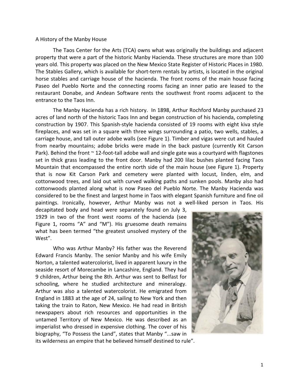 A History of the Manby House the Taos Center for the Arts (TCA) Owns