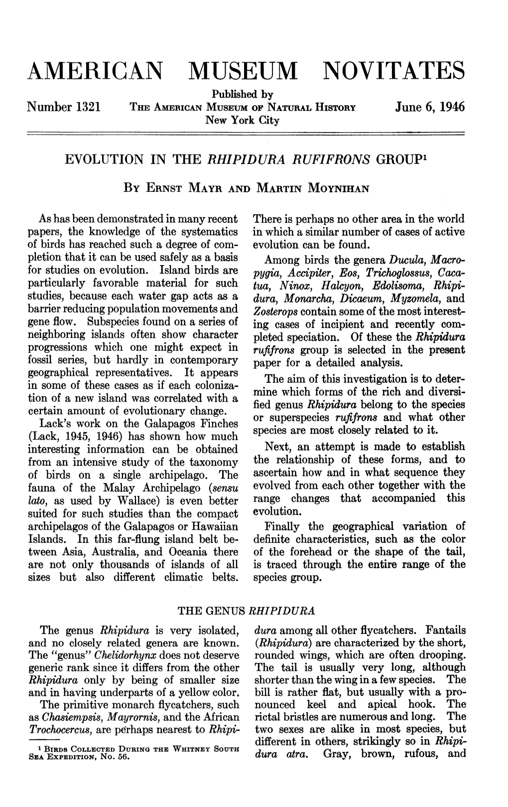 AMERICAN MUSEUM NOVITATES Published by Number 1321 the AMERICAN MUSEUM of NATURAL HISTORY June 6, 1946 New York City