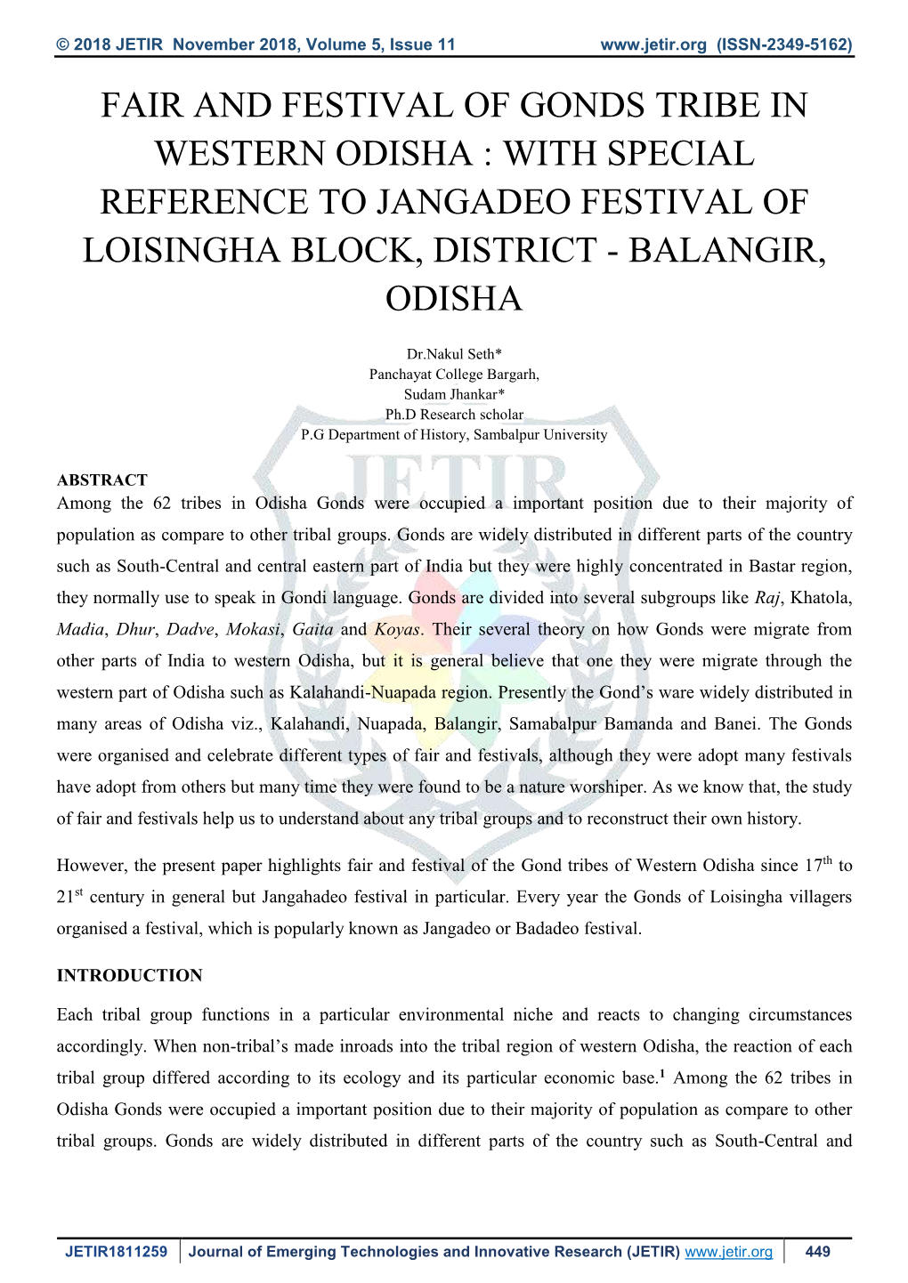 Fair and Festival of Gonds Tribe in Western Odisha : with Special Reference to Jangadeo Festival of Loisingha Block, District - Balangir, Odisha