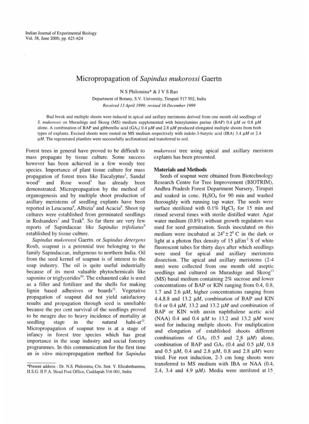 Micropropagation of Sapindus Mukorossi Gaertn