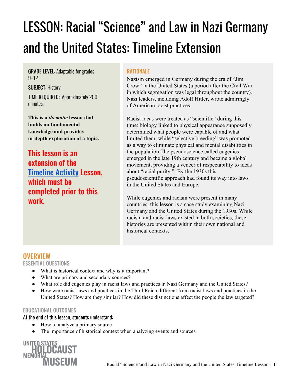 LESSON: Racial “Science” and Law in Nazi Germany and the United States: Timeline Extension