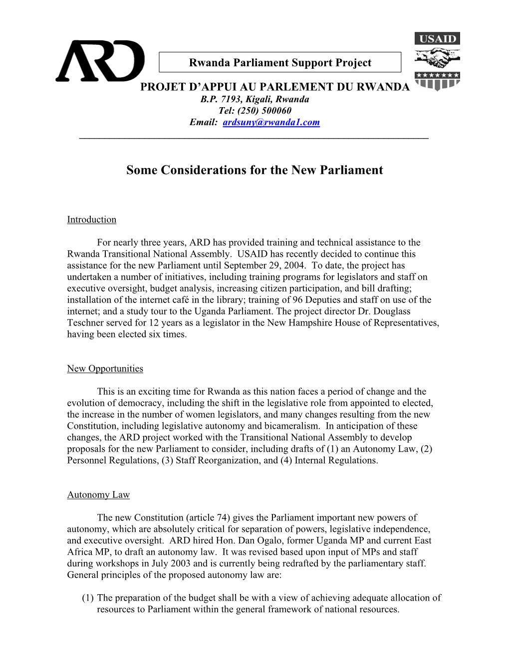 Some Considerations for the New Parliament