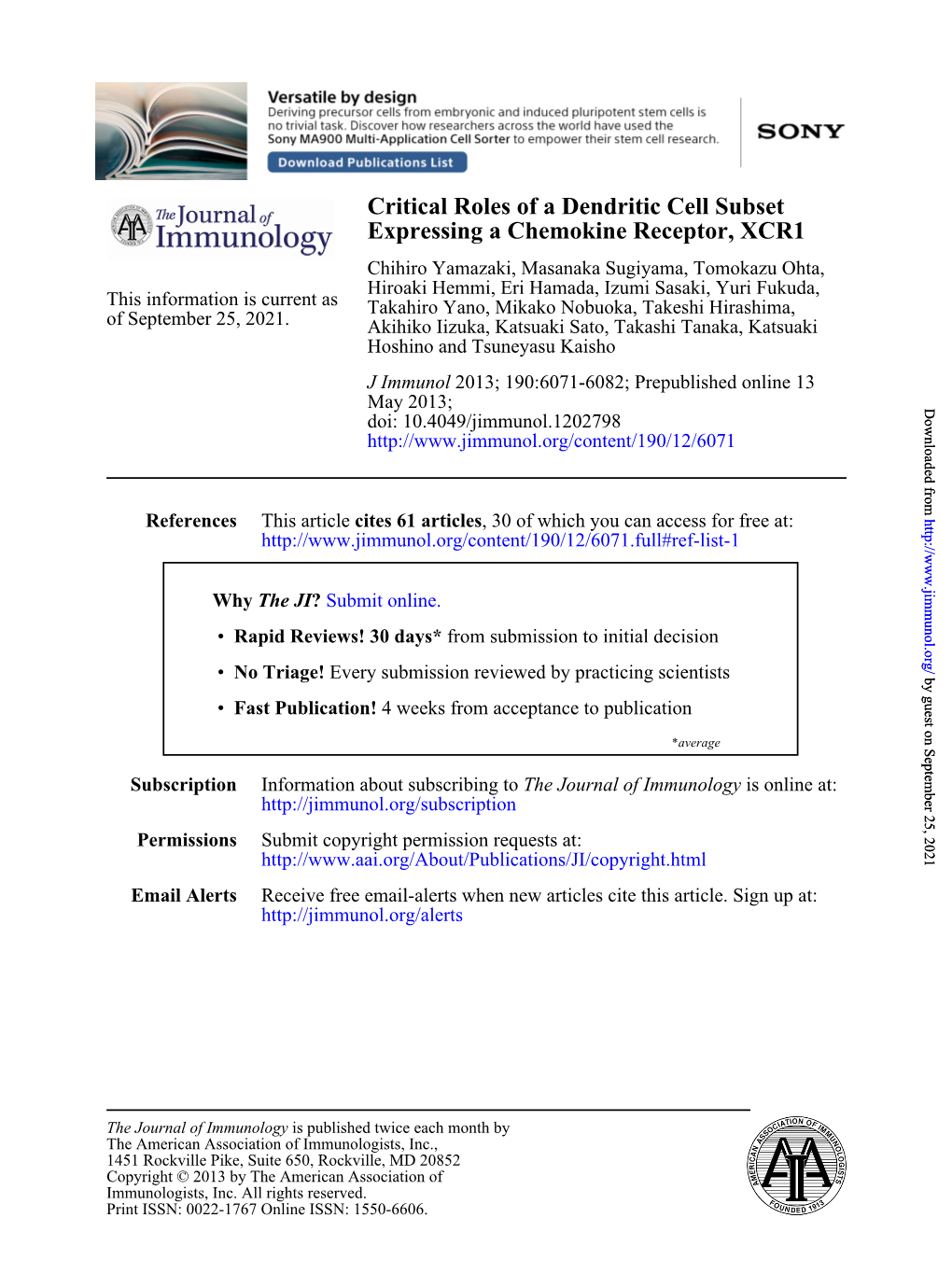 Expressing a Chemokine Receptor, XCR1 Critical Roles of a Dendritic