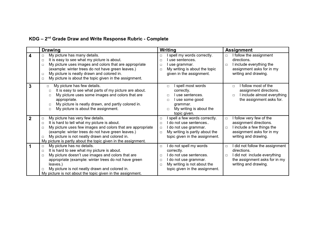 KDG – 2Nd Grade Draw And Write Response Rubric