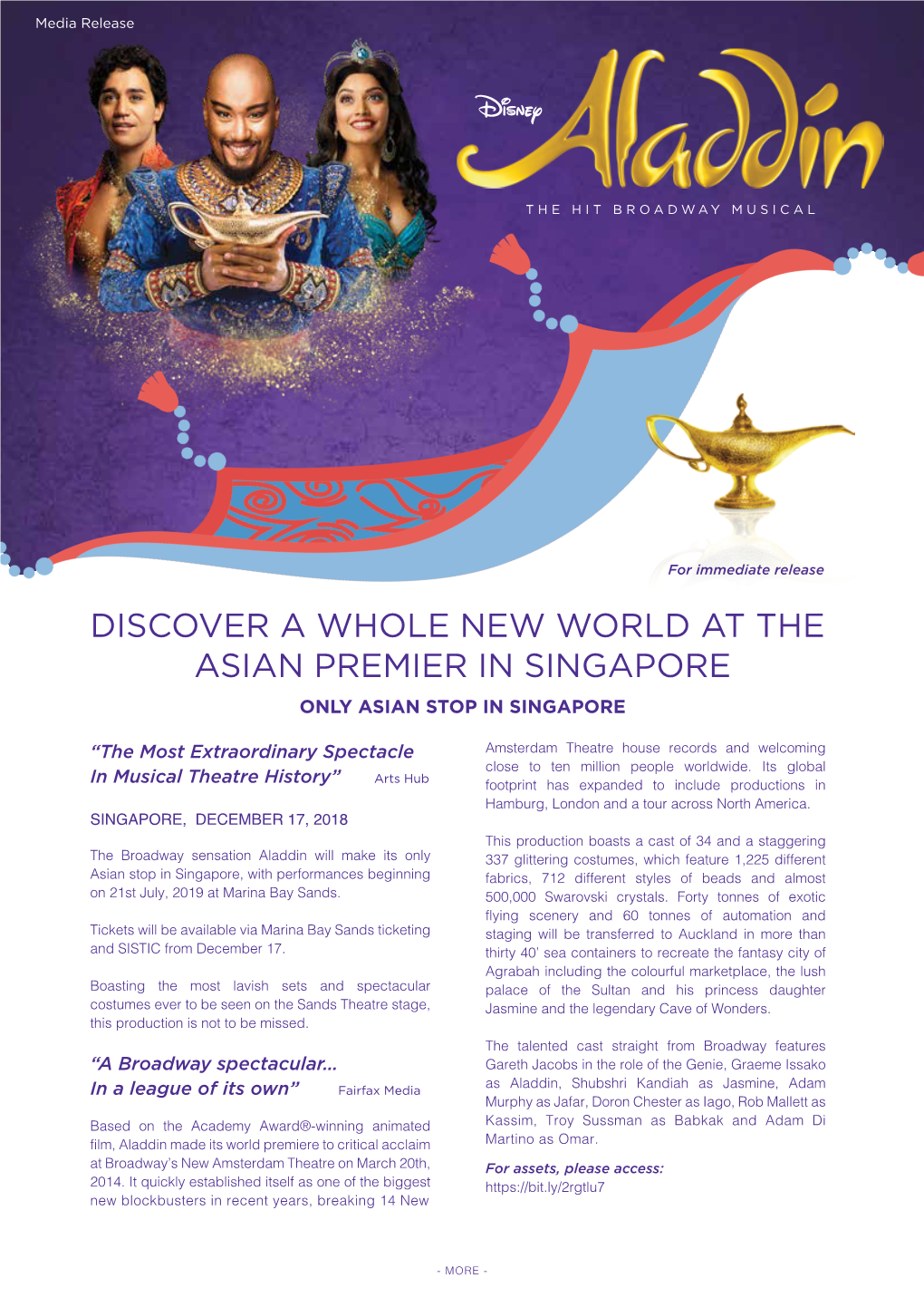 Discover a Whole New World at the Asian Premier in Singapore Only Asian Stop in Singapore