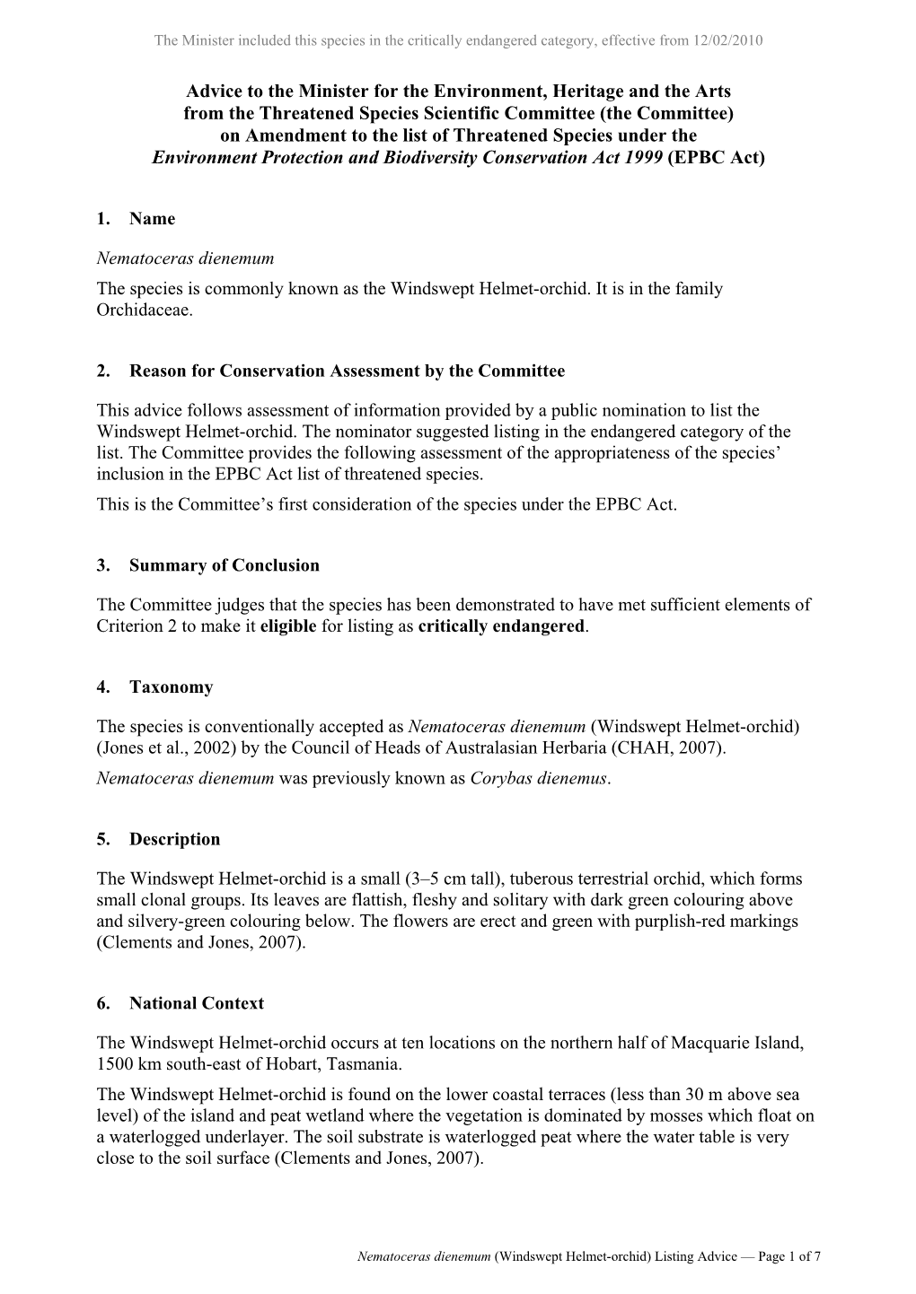 Listing Advice — Page 1 of 7 the Minister Included This Species in the Critically Endangered Category, Effective from 12/02/2010