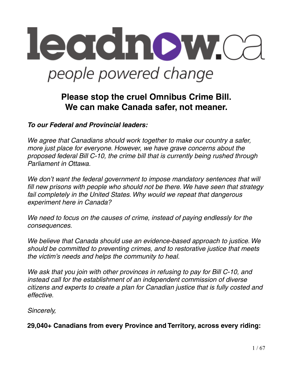 Please Stop the Cruel Omnibus Crime Bill. We Can Make Canada Safer, Not Meaner