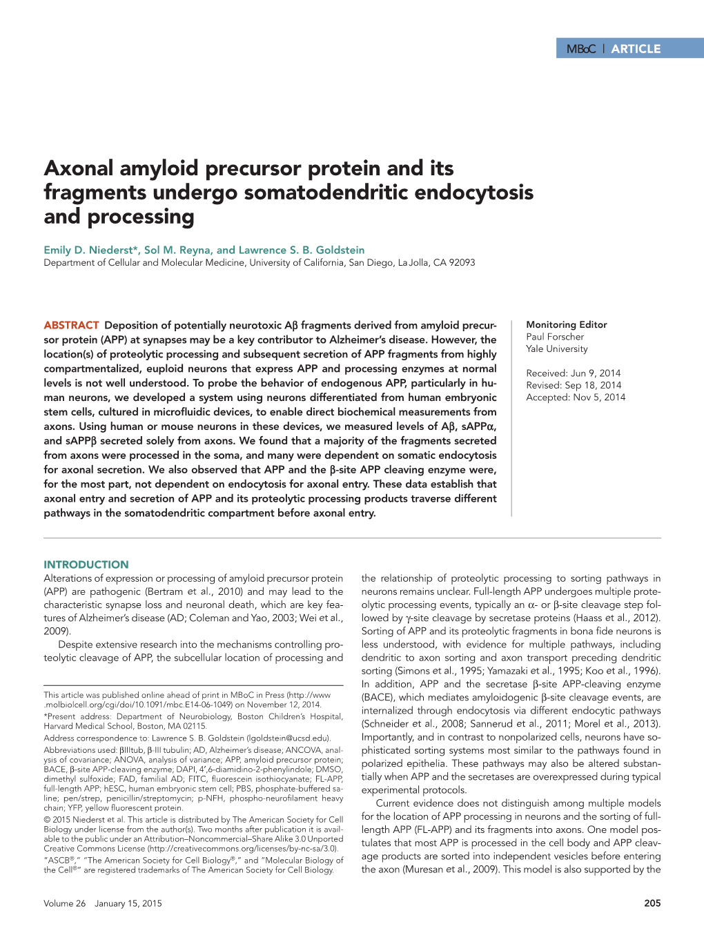 Axonal Amyloid Precursor Protein and Its Fragments Undergo Somatodendritic Endocytosis and Processing