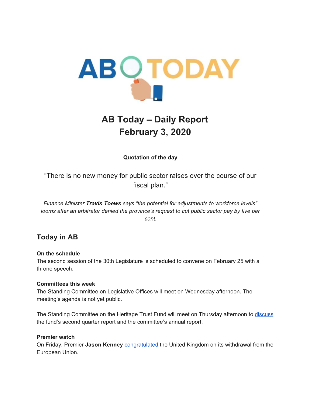 AB Today – Daily Report February 3, 2020