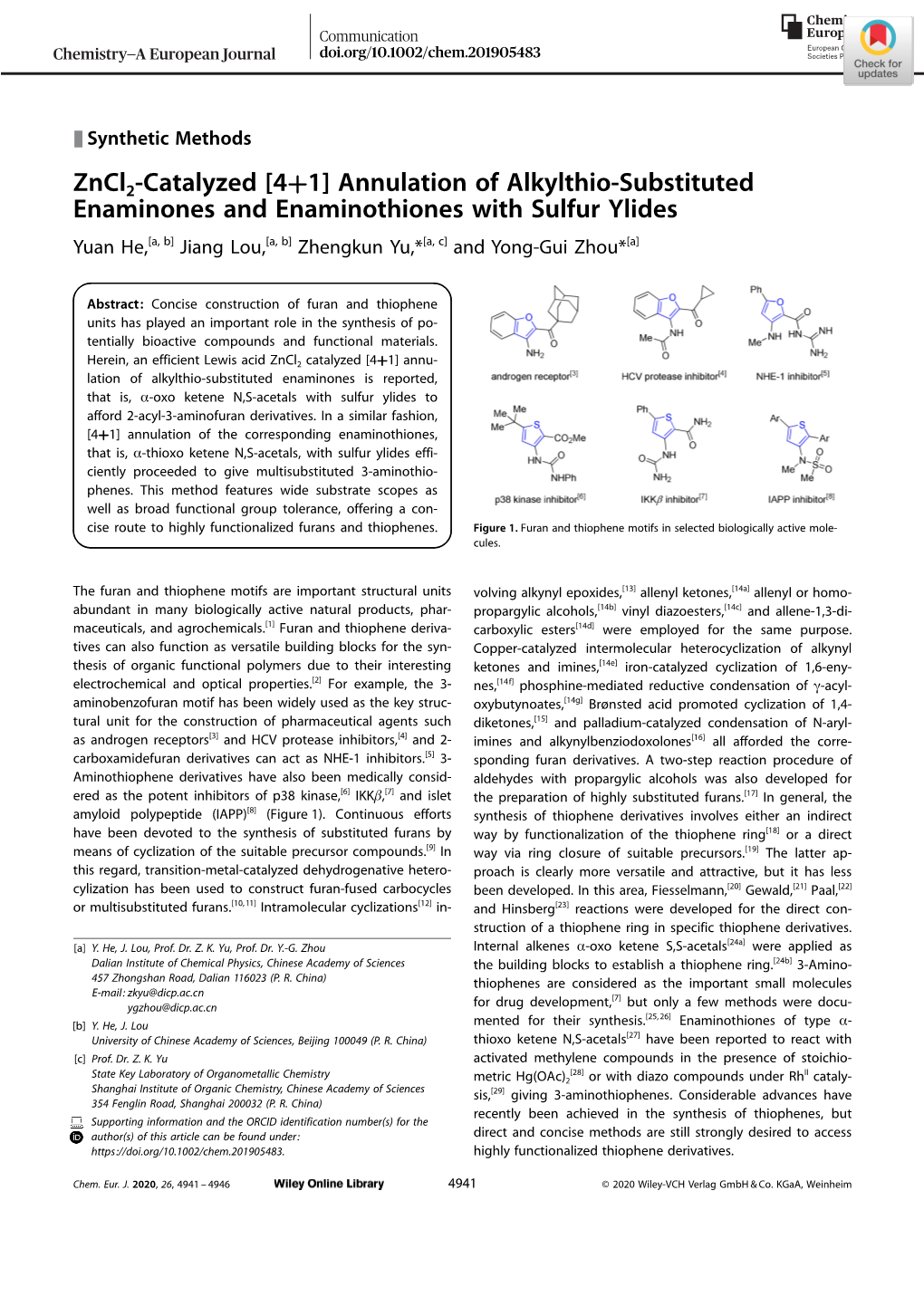 Zncl2‐Catalyzed [4+1] Annulation of Alkylthio‐Substituted Enaminones