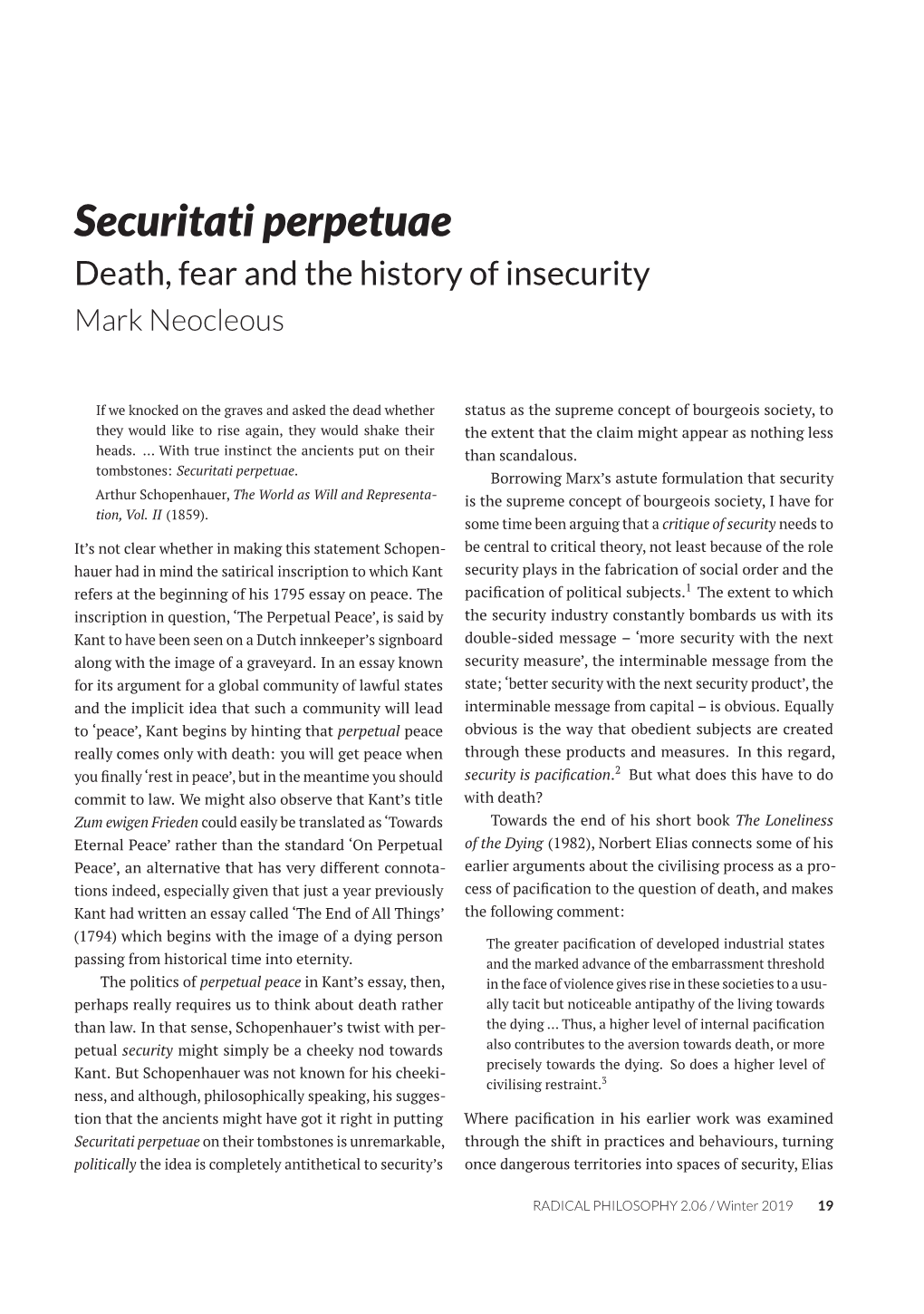 Securitati Perpetuae Death, Fear and the History of Insecurity Mark Neocleous