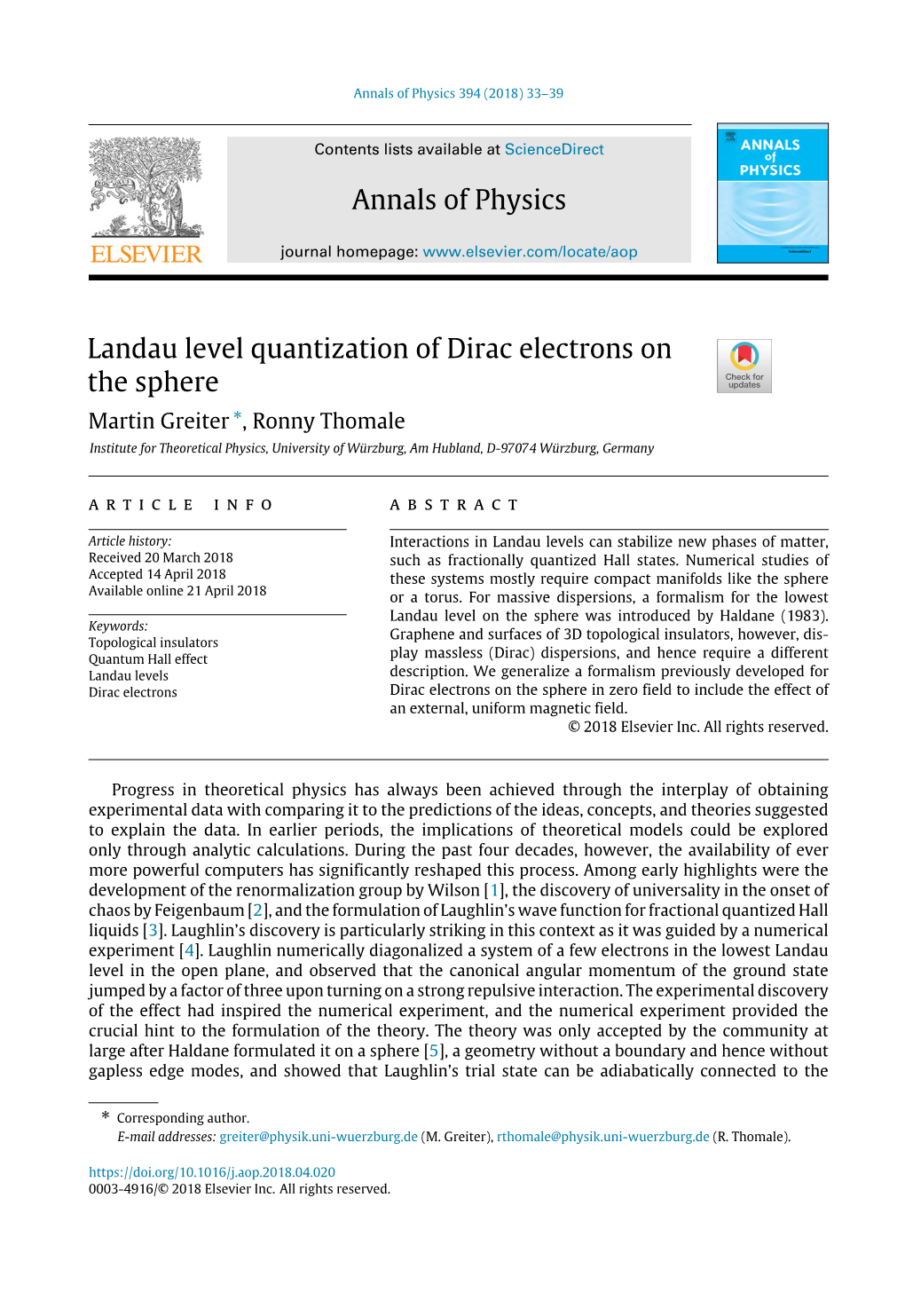Annals of Physics Landau Level Quantization of Dirac Electrons on the Sphere