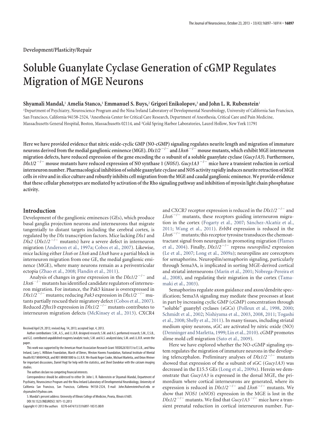 Soluble Guanylate Cyclase Generation of Cgmp Regulates Migration of MGE Neurons