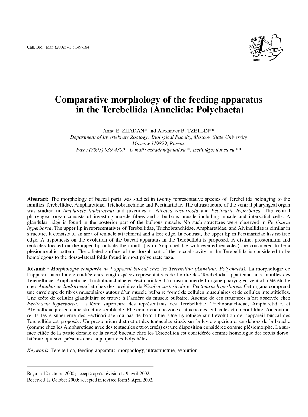 Comparative Morphology of the Feeding Apparatus in the Terebellida (Annelida: Polychaeta)