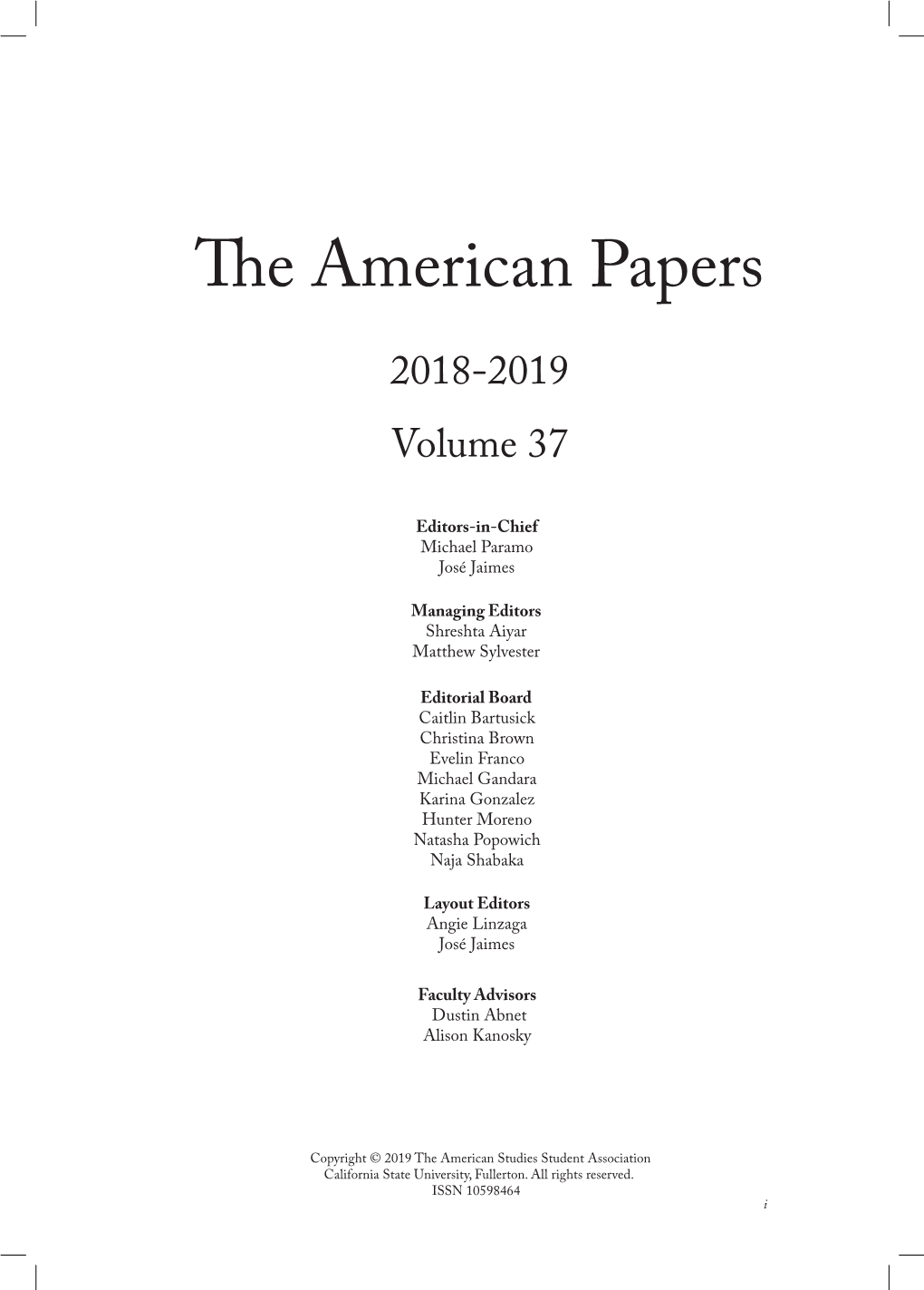 The American Papers 2018-2019 Volume 37