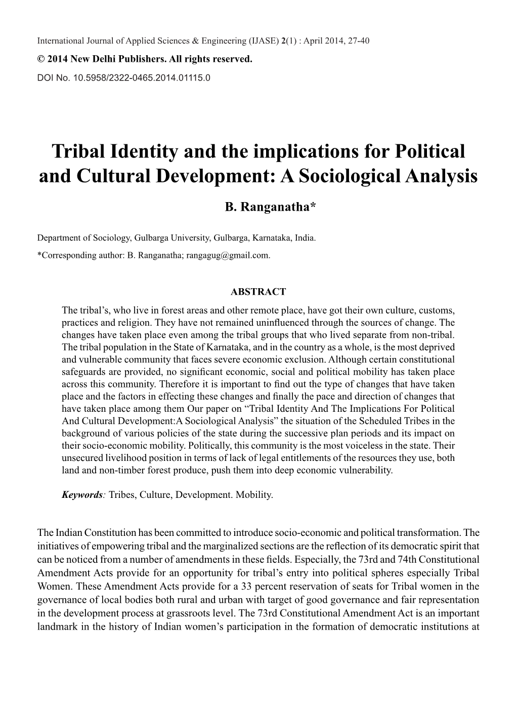 Tribal Identity and the Implications for Political and Cultural Development: a Sociological Analysis B