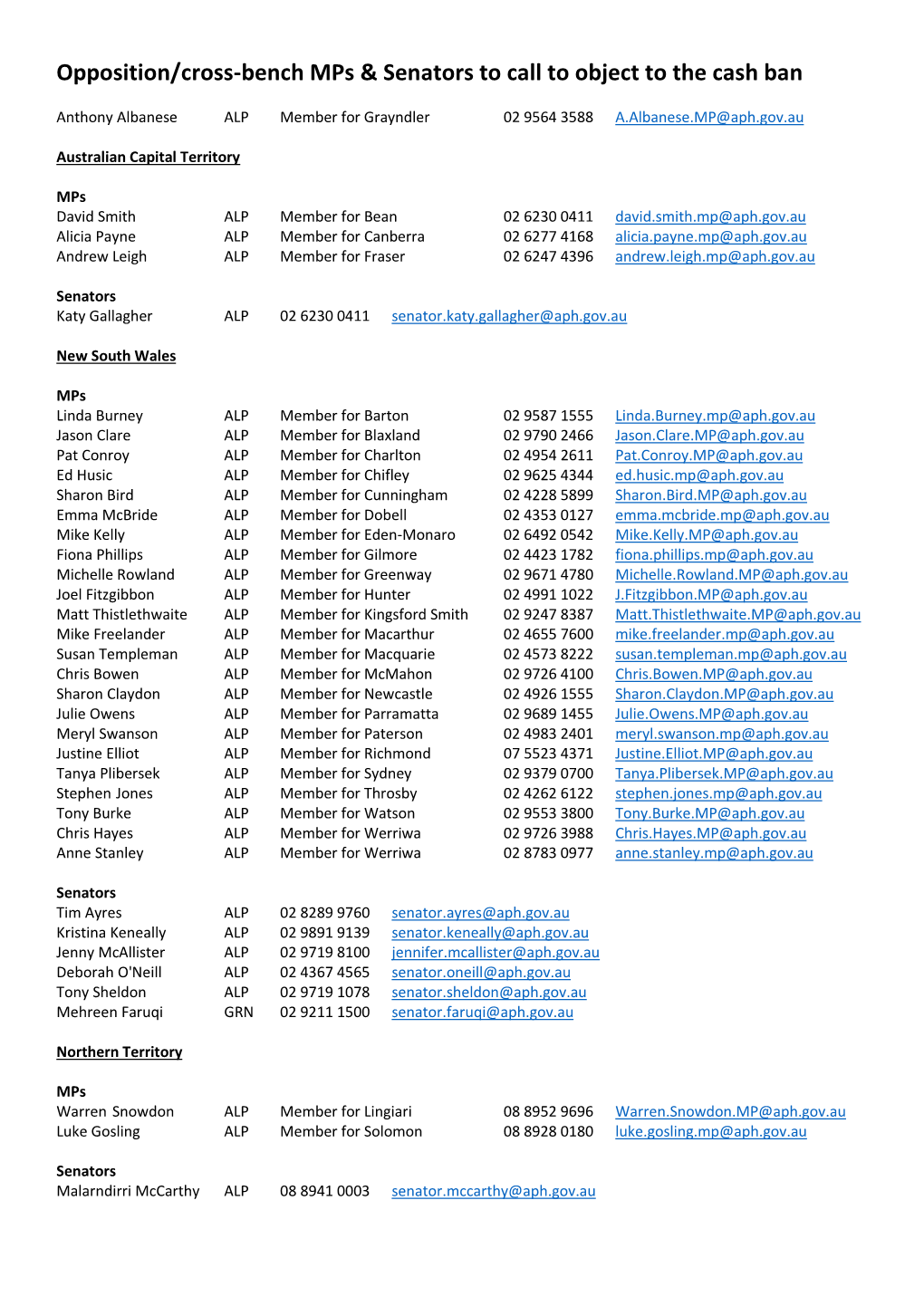 Opposition/Cross-Bench Mps & Senators to Call to Object to the Cash