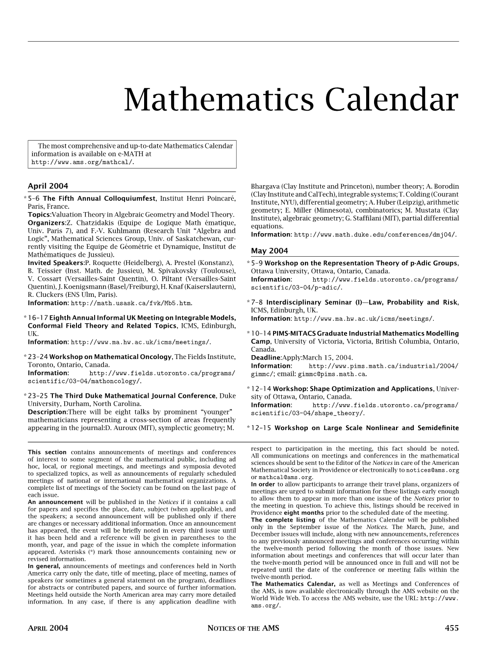 Mathematics Calendar