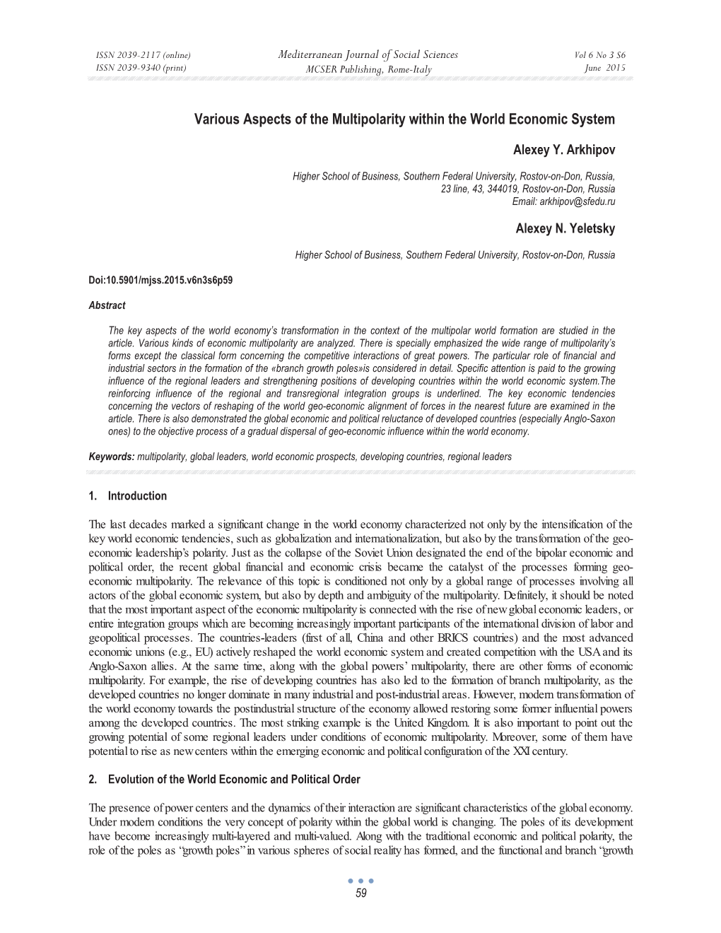 Various Aspects of the Multipolarity Within the World Economic System