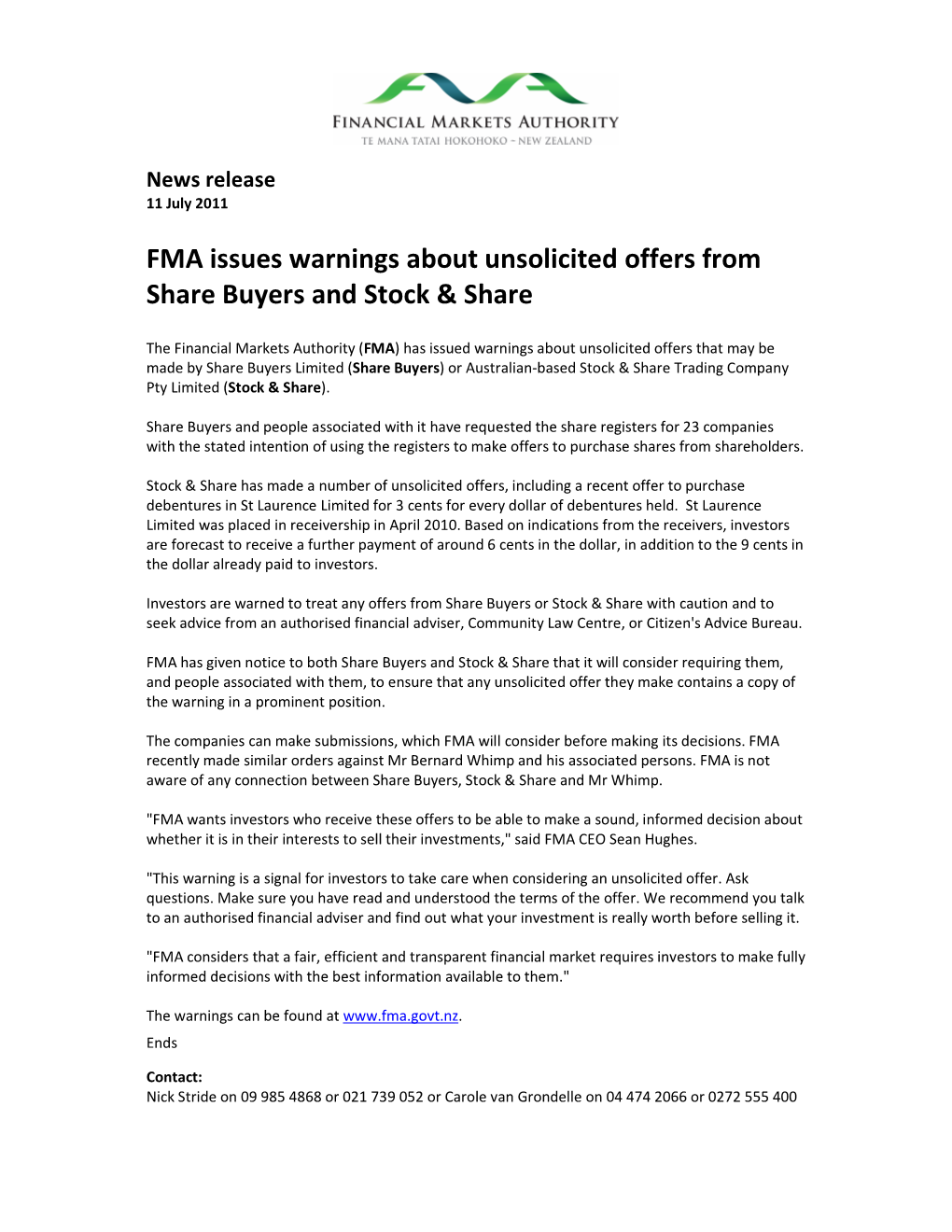 FMA Issues Warnings About Unsolicited Offers from Share Buyers and Stock & Share