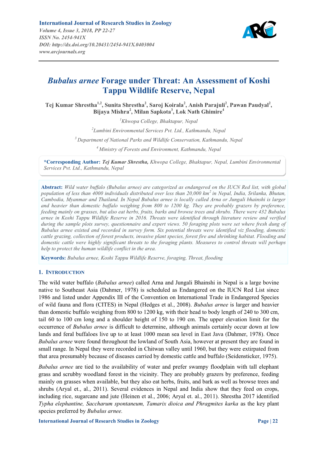 Bubalus Arnee Forage Under Threat: an Assessment of Koshi Tappu Wildlife Reserve, Nepal