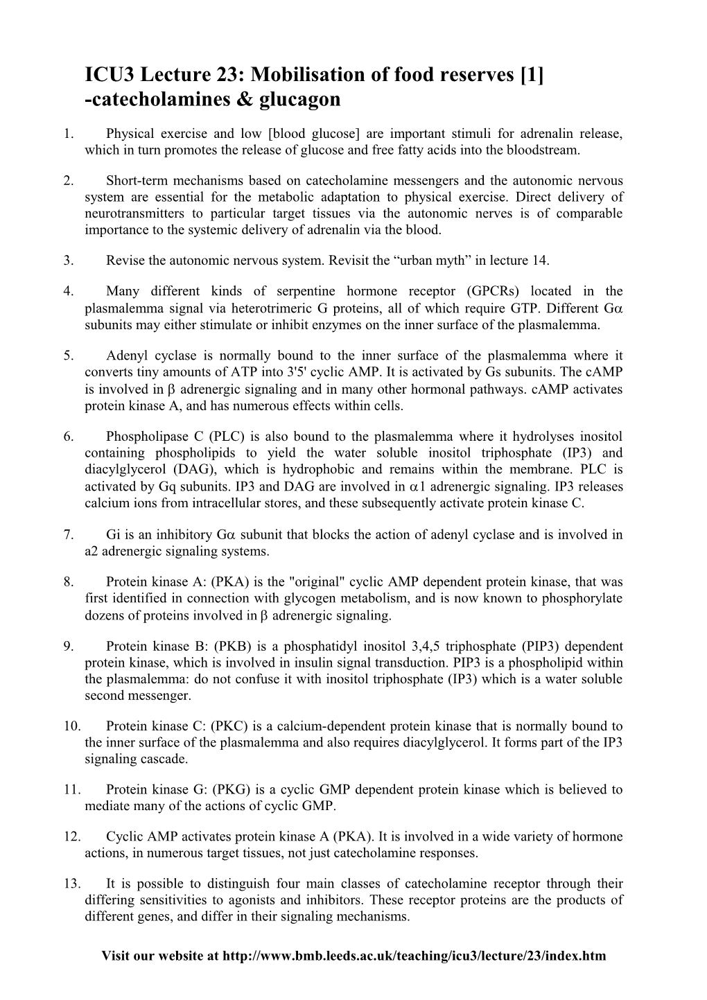 ICU3 Lecture 23: Mobilisation of Food Reserves 1 -Catecholamines & Glucagon