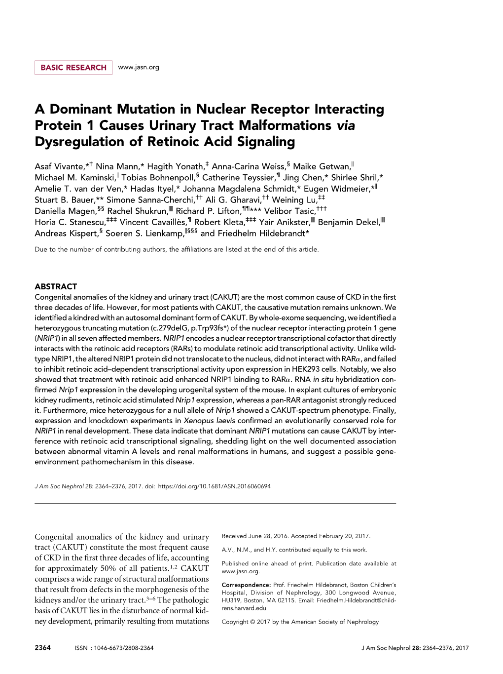 A Dominant Mutation in Nuclear Receptor Interacting Protein 1 Causes Urinary Tract Malformations Via Dysregulation of Retinoic Acid Signaling